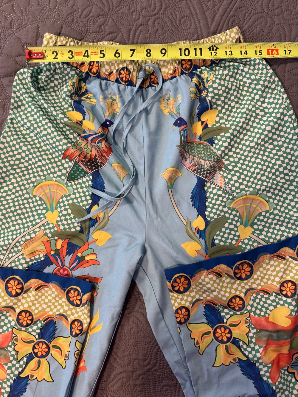 Wide-Leg Parrot Print Pants in Light Blue and Green - Picture 6 of 10